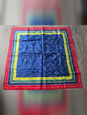 Kenzo Silk Square Scarf Royal Blue Rainbow Border Gold Floral Print 21"